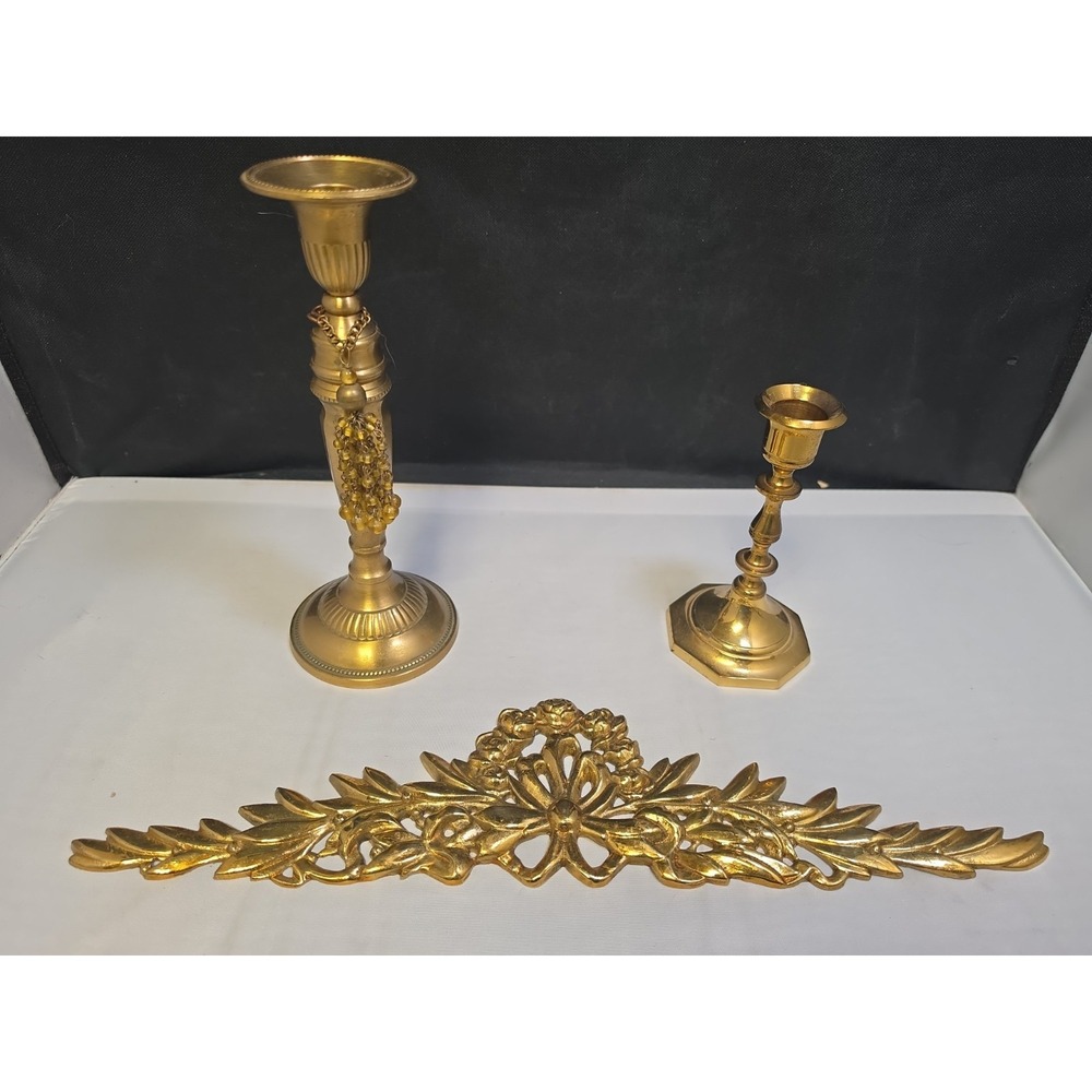 Brass Sculpture Wall Mount And Set Of 2 Candle Holders. Wall Décor Ornate